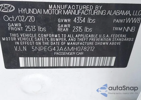 2021 Hyundai Sonata Se z USA, uszkodzony, nr VIN 5NPEG4JA6MH078212